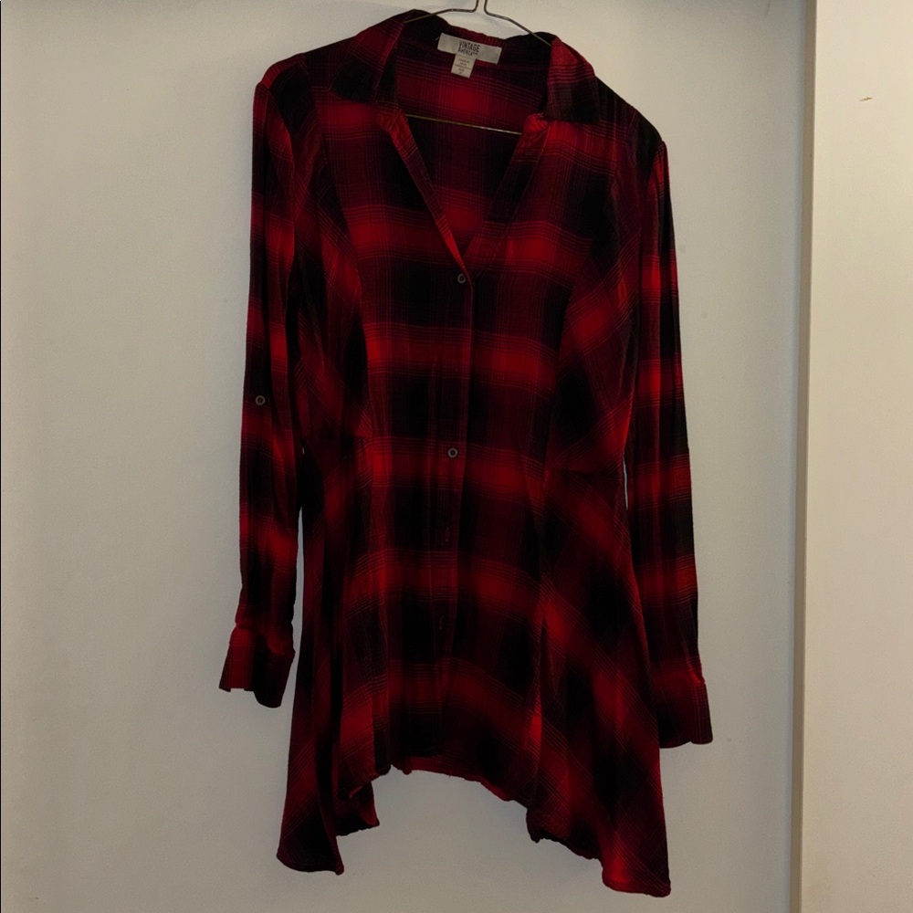Red and Black Plaid Button-Up tunic style shirt